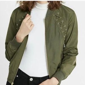 Express Olive Green Lace Accent Bomber Jacket